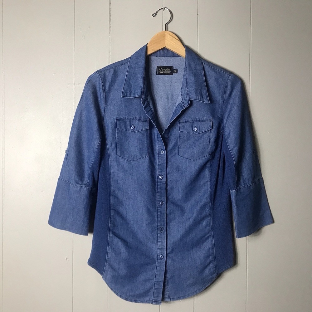 CAVALINI DENIM COLLECTION BUTTON DOWN SHIRT RIBBED 3/4 SLEEVE WOMENS SIZE MEDIUM